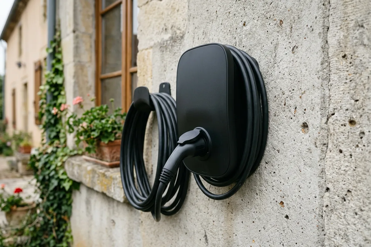 Détail d'une borne wallbox moderne installée sur un mur de garage à Fontenay-sur-Eure Détail d'une borne wallbox moderne installée sur un mur de garage à Fontenay-sur-Eure