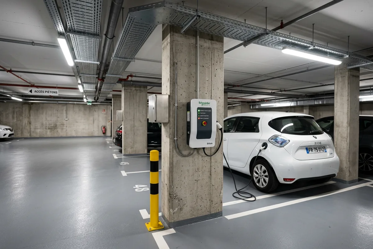 Borne de recharge installée en copropriété dans un parking sous-terrain à Paimpol